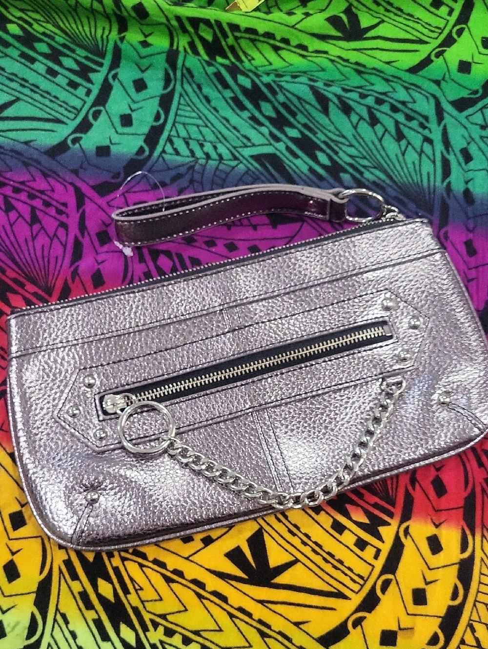 Limited Edition Metallic Silver Wristlet Clutch with Chain Accent